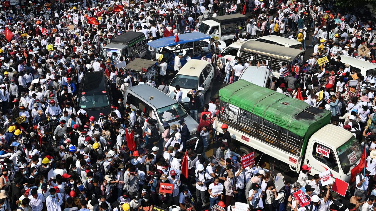 Protesters gather for a demonstration against the military coup in Yangon on February 22.