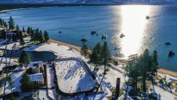 STATELINE, NEVADA - FEBRUARY 21:  In an aerial view from a drone, the Boston Bruins and the Philadelphia Flyers warm-up prior to the 'NHL Outdoors At Lake Tahoe' at the Edgewood Tahoe Resort on February 21, 2021 in Stateline, Nevada. (Photo by Ezra Shaw/Getty Images)