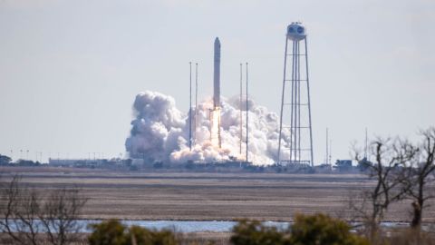 The Northrop Grumman Antares rocket, with a Cygnus resupply spacecraft aboard, launches from NASA's Wallops Flight Facility in Virginia on February 20, 2021. 