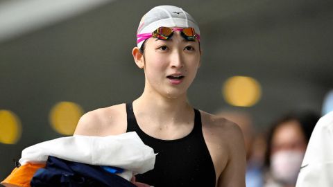 Japanese swimmer Rikako Ikee smiles after winning the women 50-meter butterfly final of Tokyo Open 2021 at Tokyo Tatsumi International Swimming Center in Tokyo on Feb. 21, 2021.