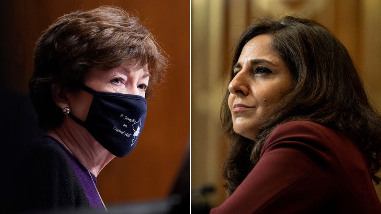Sen. Susan Collins, a Republican from Maine, and Neera Tanden, the nominee for director of the Office of Management and Budget.