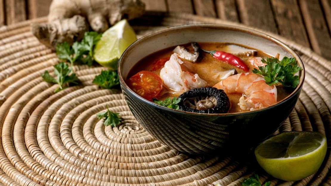 Shiitake mushrooms and prawns are the stars of this version of tom yum soup.