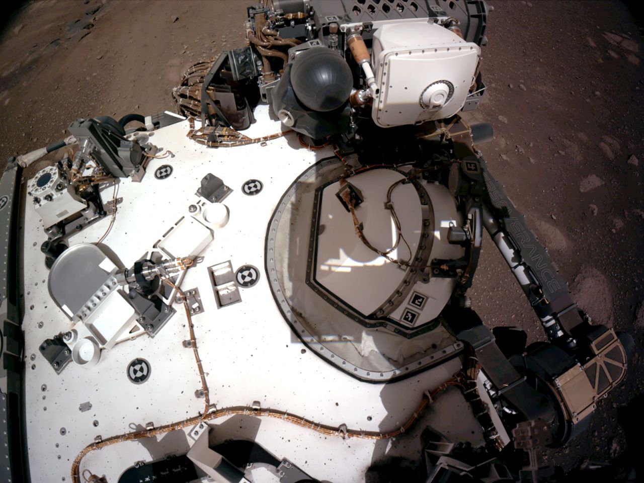 The navigation cameras aboard NASA's Perseverance rover captured this view of the rover's deck on February 20.