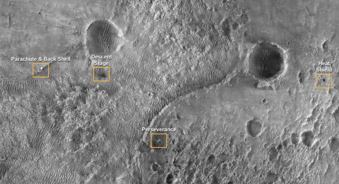 This orbiter image shows the many parts of the Mars 2020 mission landing system that got the rover safely on the ground.