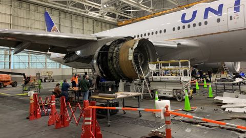The damage to the number 2 engine of United Airlines flight 328, a Boeing 777-200, following an engine failure incident on Saturday, February 20, 2021. 