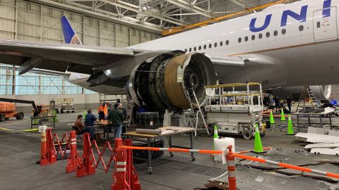 The damage to the number 2 engine of United Airlines flight 328, a Boeing 777-200, following an engine failure incident on Saturday, February 20, 2021.