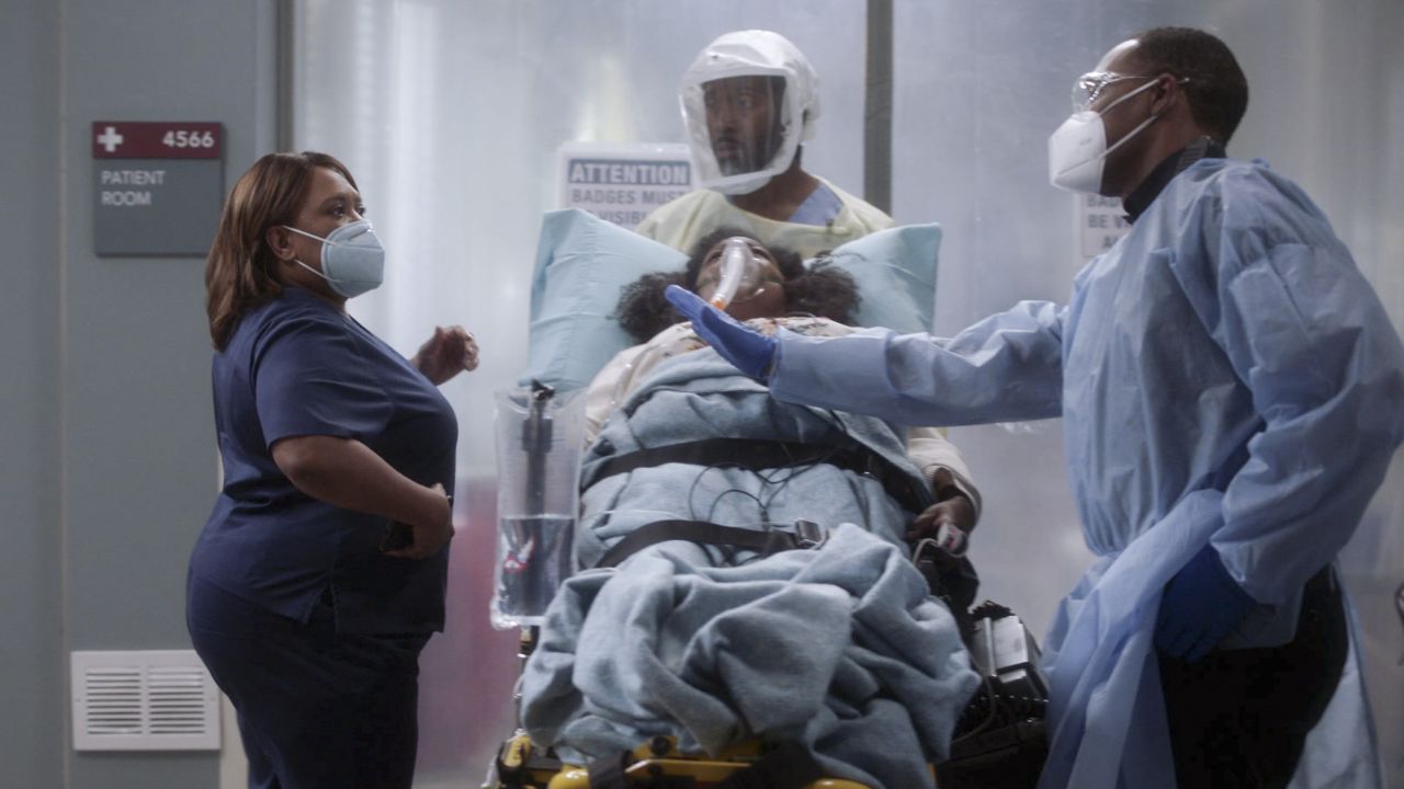 A scene from an episode of "Grey's Anatomy" that aired in December 2020. The series has tackled the pandemic head on.