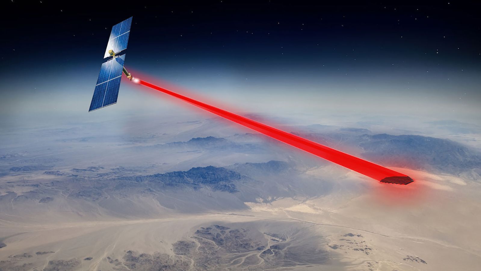 An artist's concept of a space-based solar power system beaming to military and remote installations.