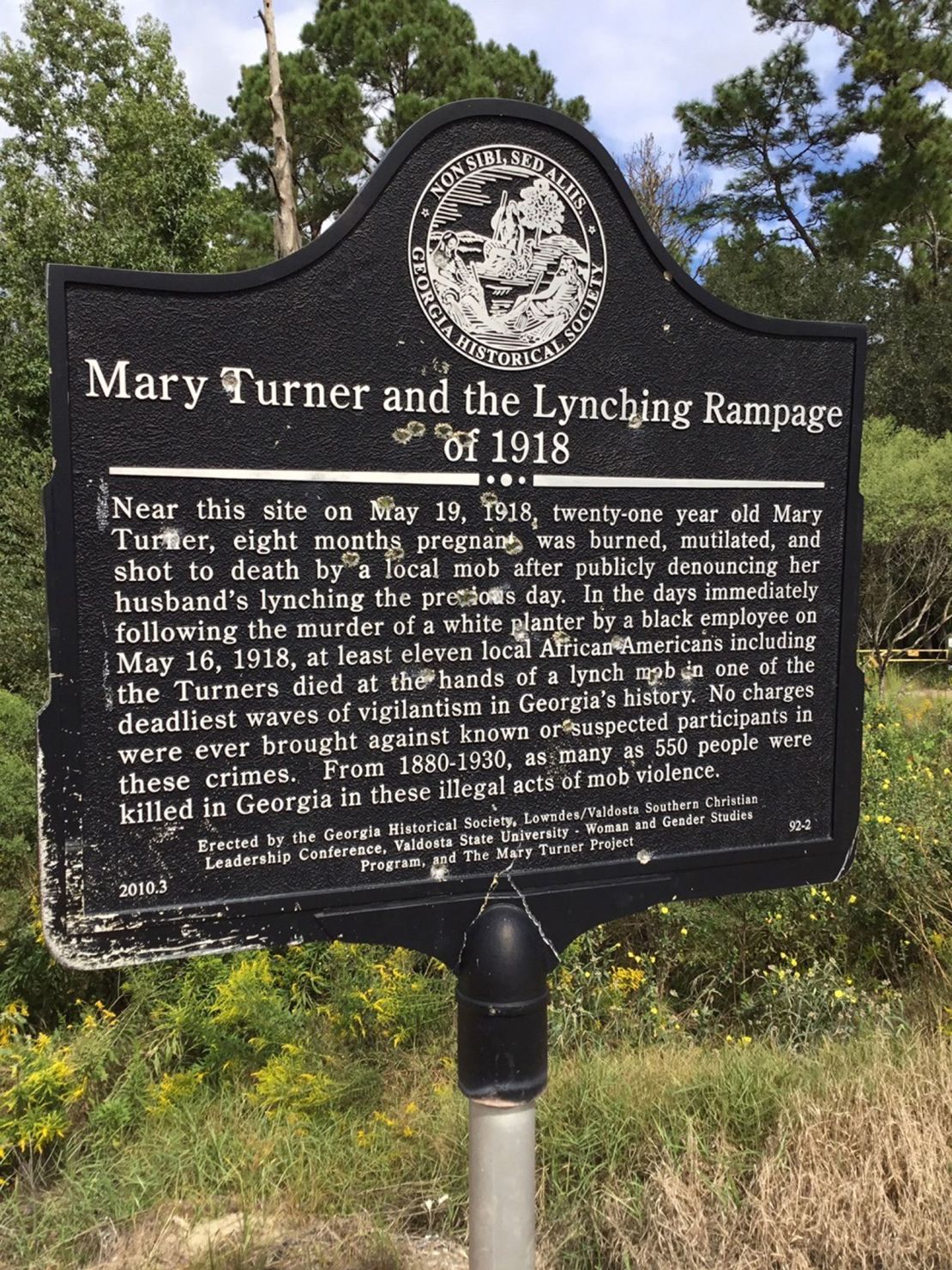 The marker that memorialized Mary Turner, a pregnant Black woman who was lynched along with 10 other Black residents of their Georgia town, was shot so many times it had to be replaced. 