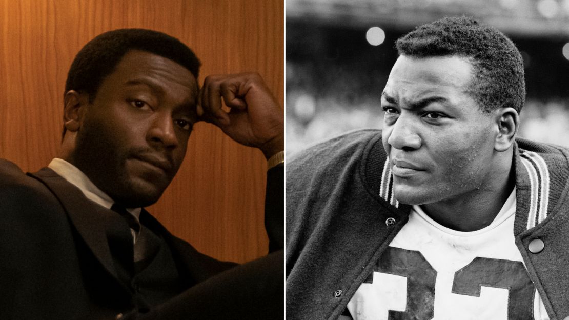 Actor Aldis Hodge, left, as football star Jim Brown.