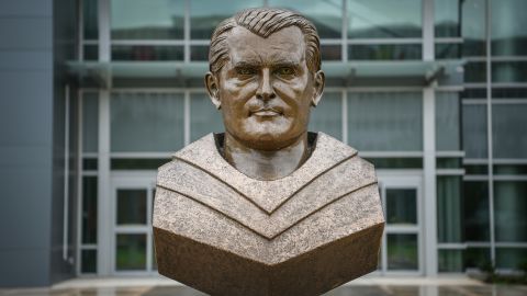 A bust of Wernher von Braun at the administration complex of NASA's Marshall Space Flight Center on July 17, 2019, in Huntsville, Alabama.