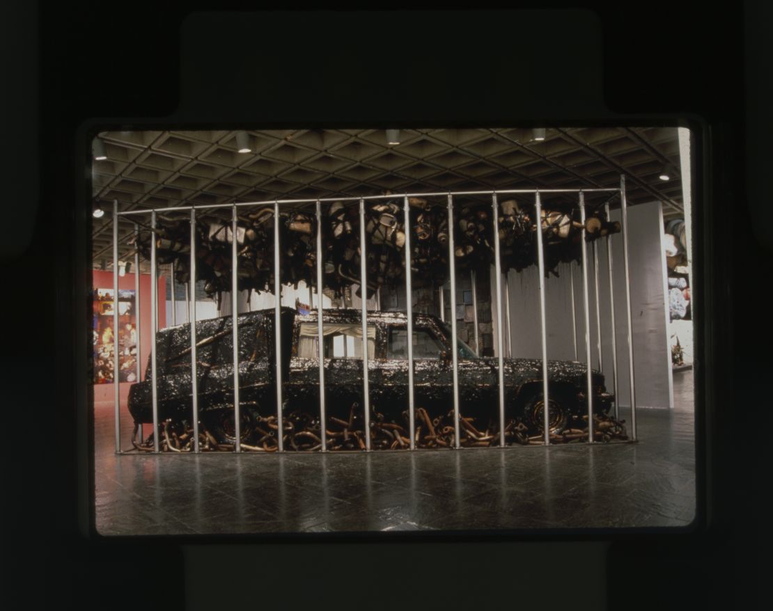 The original version of Nari Ward's installation "Peace Keeper," pictured at the Whitney Museum of American Art in 1995.