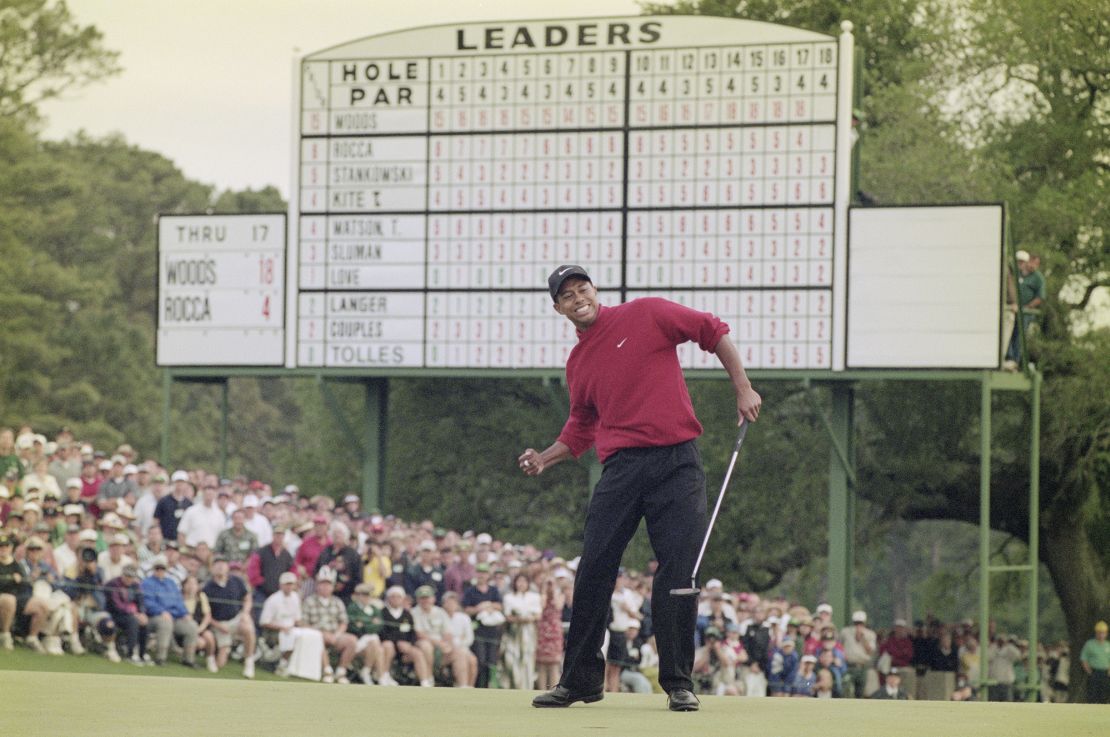 Tiger Woods of the United States celebrates after sinking a 4 feet putt to win the 1997 US Masters Golf Tournament in Augusta, Georgia, United States. 