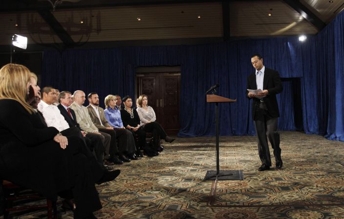 Woods approaches a lectern before giving a televised statement in February 2010. <a href="index.php?page=&url=https%3A%2F%2Fwww.cnn.com%2F2010%2FUS%2F02%2F19%2Ftiger.woods%2Findex.html" target="_blank">Woods apologized for being unfaithful to his wife</a> and letting down both fans and family. "I had affairs, I cheated," he said. "What I did was not acceptable, and I am the only person to blame." It was his first public appearance since being hospitalized a couple months earlier following a car crash outside his home. Woods said he was in therapy for "issues," which he did not explain. He and his wife divorced in August 2010.