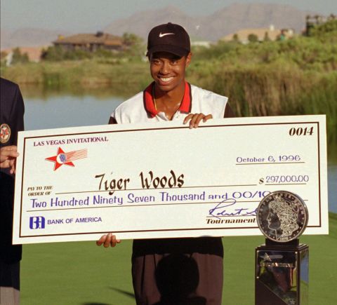 Woods turned professional in August 1996, and it didn't take long for him to win his first tournament. Six weeks after he announced he was going pro — with a famous "Hello, world" ad campaign for Nike — Woods won the Las Vegas Invitational. That earned him this big check, a two-year exemption on the PGA Tour and a spot in the following year's Masters tournament.