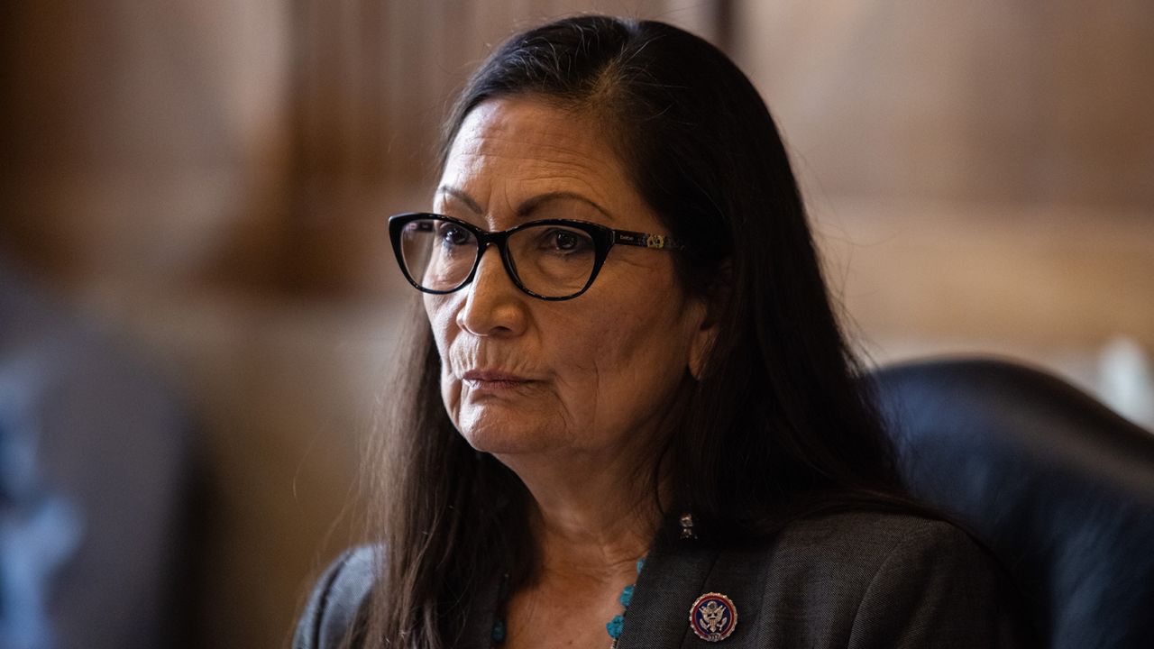 Representative Deb Haaland, a Democrat from New Mexico and secretary of the interior nominee for U.S. President Joe Biden, listens during a Senate Energy and Natural Resources Committee confirmation hearing in Washington, D.C., U.S., on Tuesday, Feb. 23, 2021. Haaland's opposition to fracking, early endorsement of the Green New Deal and participation in protests against an oil pipeline in South Dakota have made her one of Biden's most controversial cabinet nominees. Photographer: Graeme Jennings/Washington Examiner/Bloomberg via Getty Images