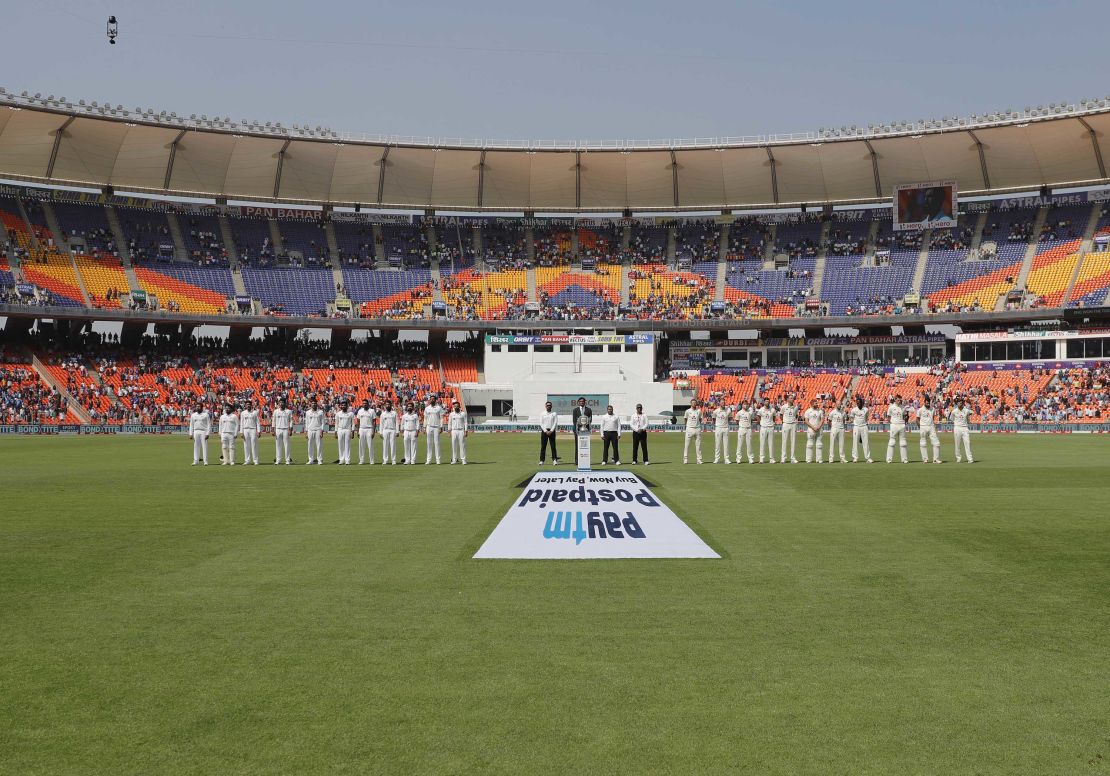 The India and England teams stand during the national anthems ahead of day one of the third Test match.
