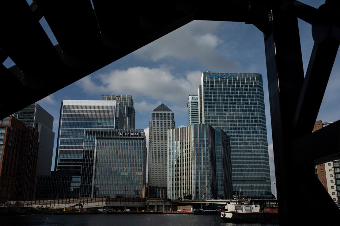 London's Canary Wharf business district is home to banks such as JPMorgan Chase, Citi, Barclays and HSBC.