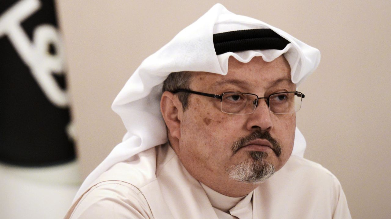 Jamal Khashoggi, looks on during a press conference in the Bahraini capital Manama, on December 15, 2014.