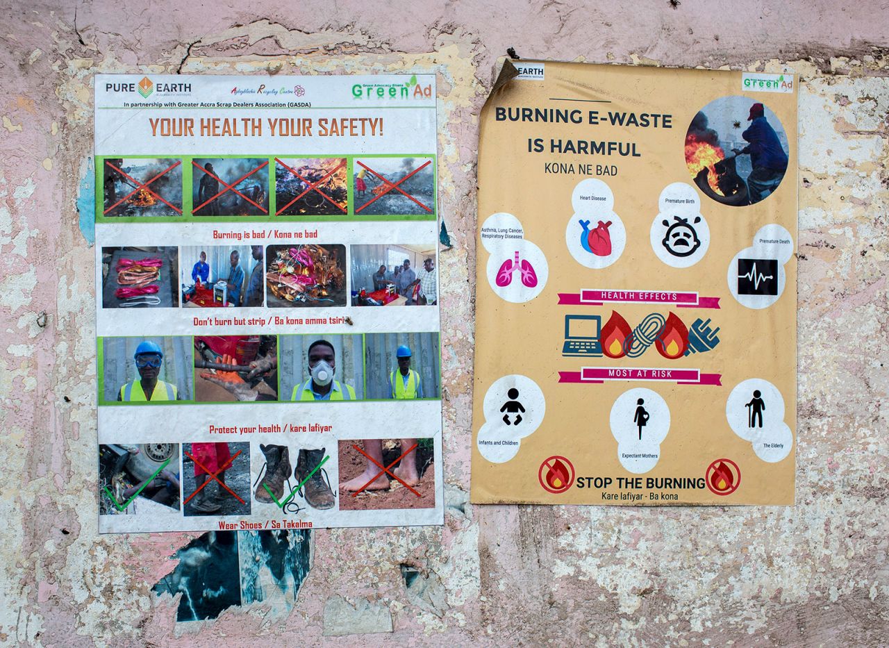 Described by the UN-affiliated Global E-Waste Monitor (GEM) as a "<a href="https://www.itu.int/en/ITU-D/Environment/Documents/Toolbox/GEM_2020_def.pdf" target="_blank" target="_blank">well-organized scrapyard</a>" -- not just a dumping ground -- the daily scrap burning in Agbogbloshie poses serious environmental and health risks to recyclers and nearby residents. Signs like these are posted to warn of the risks.