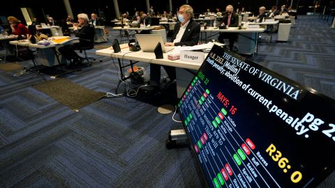 Virginia State Sen. Emmett Hanger, R-Augusta, front, looks at the vote tally board during a vote on a death penalty abolition bill at the Senate session at the Science Museum of Virginia in Richmond, Va., Monday, Feb. 22, 2021. The Senate passed the bill 22-16. (AP Photo/Steve Helber)