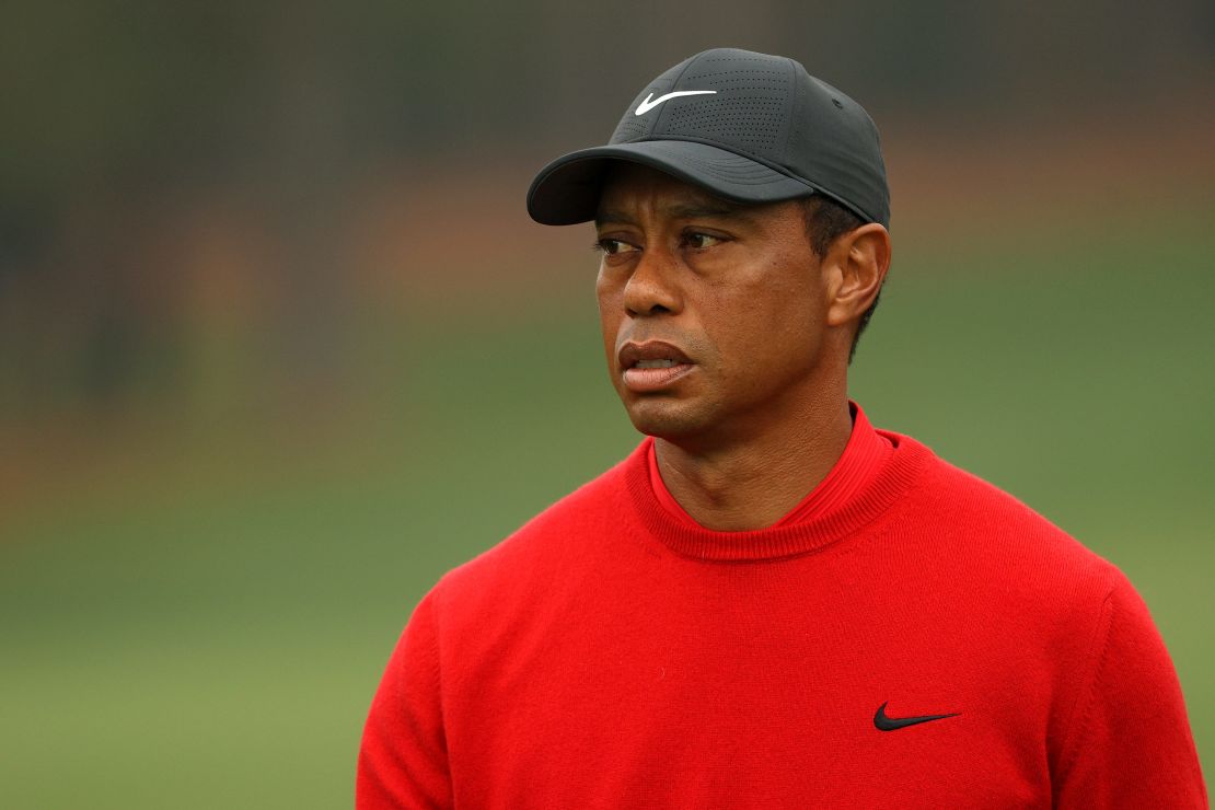 Tiger Woods of the United States looks on after a shot on the second hole during the final round of the Masters at Augusta National Golf Club in 2020.