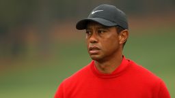 Tiger Woods of the United States looks on after a shot on the second hole during the final round of the Masters at Augusta National Golf Club on November 15, 2020 in Augusta, Georgia.