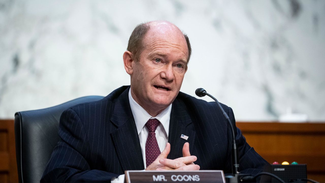Sen. Chris Coons (D-DE) speaks at a Senate Judiciary Committee hearing in the Hart Senate Office Building on February 22, 2021, in Washington.