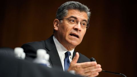 Health and Human Services Secretary Xavier Becerra answers questions during his Senate Finance Committee nomination hearing in February 2021. 