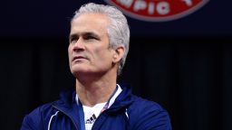 June 27, 2012; San Jose, CA, USA; John Geddert, coach of Jordyn Wieber (not pictured), watches practice during media day of the 2012 USA Gymnastics Olympic Team Trials at HP Pavilion. Mandatory Credit: Kyle Terada-USA TODAY Sports
