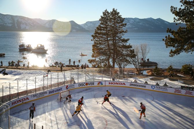 The Boston Bruins and the Philadelphia Flyers play a hockey game at Lake Tahoe on Sunday, November 21. The NHL played two games there last weekend.