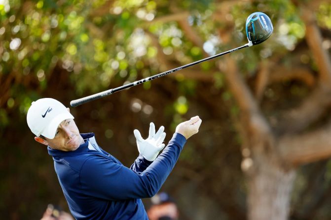 Rory McIlroy tosses his club after a tee shot at the Genesis Invitational on Thursday, February 18.