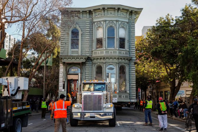 Crews in San Francisco <a href="https://www.cnn.com/videos/us/2021/02/22/san-francisco-victorian-home-city-move-eg-orig.cnn" target="_blank">move the Englander House,</a> a 139-year-old Victorian building, on a flat-bed truck on Sunday, February 21.