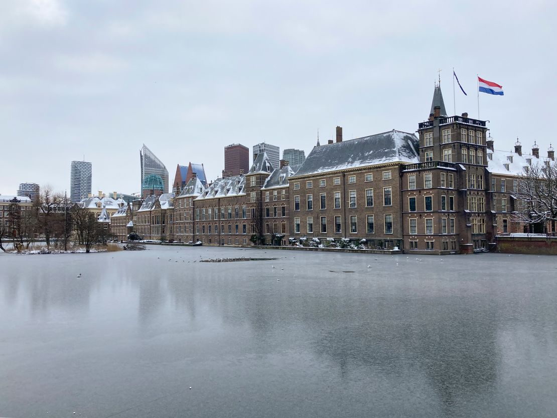 The frozen Hofvijver pond is seen outside the Dutch parliament buildings in The Hague, Netherlands, Tuesday, February 9.