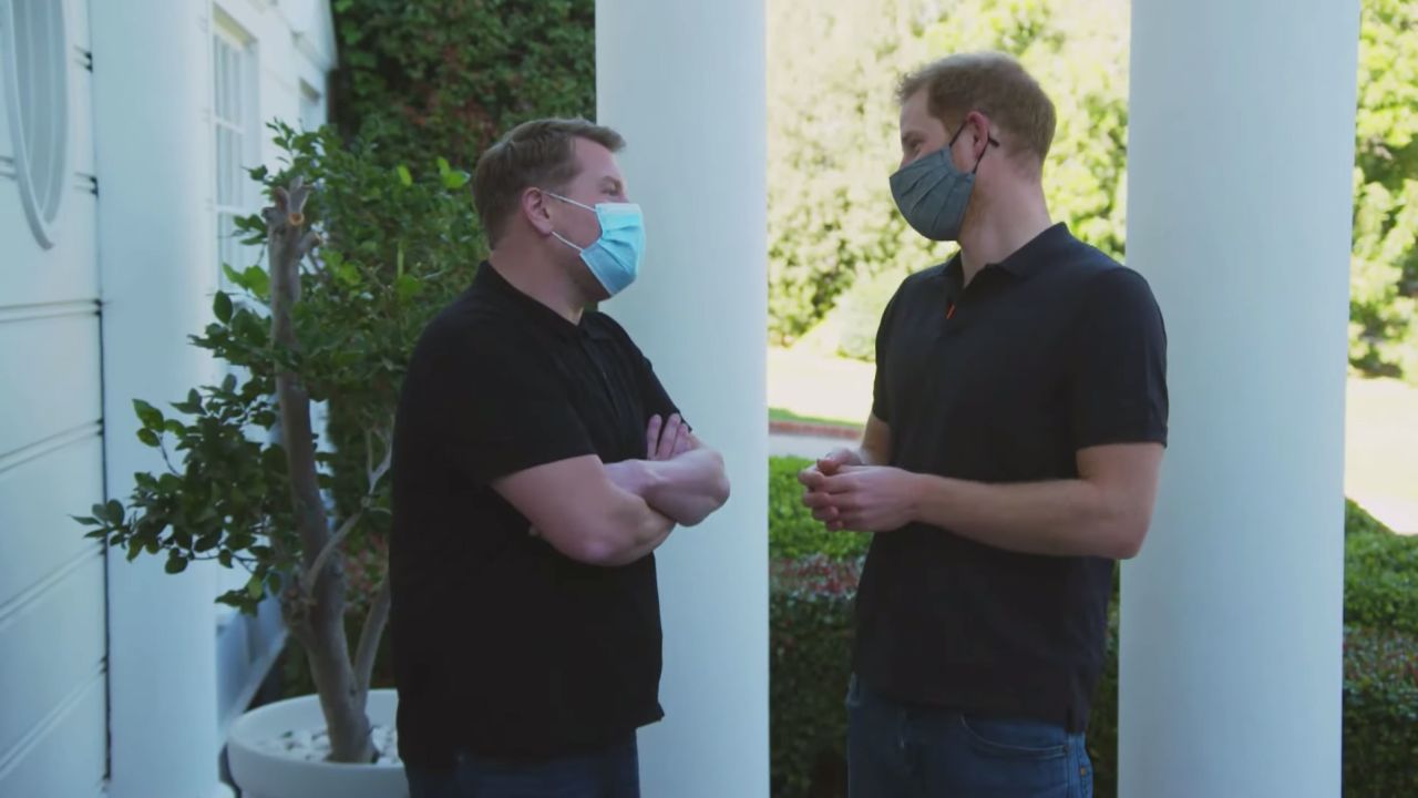 Prince Harry and James Corden outside the house from "The Fresh Prince of Bel-Air."