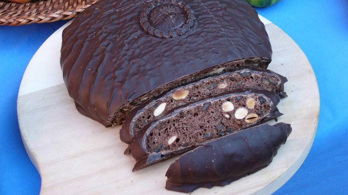 Sweet dishes include panpepato, a cake made with chunks of almonds and orange peel, and covered in dark chocolate