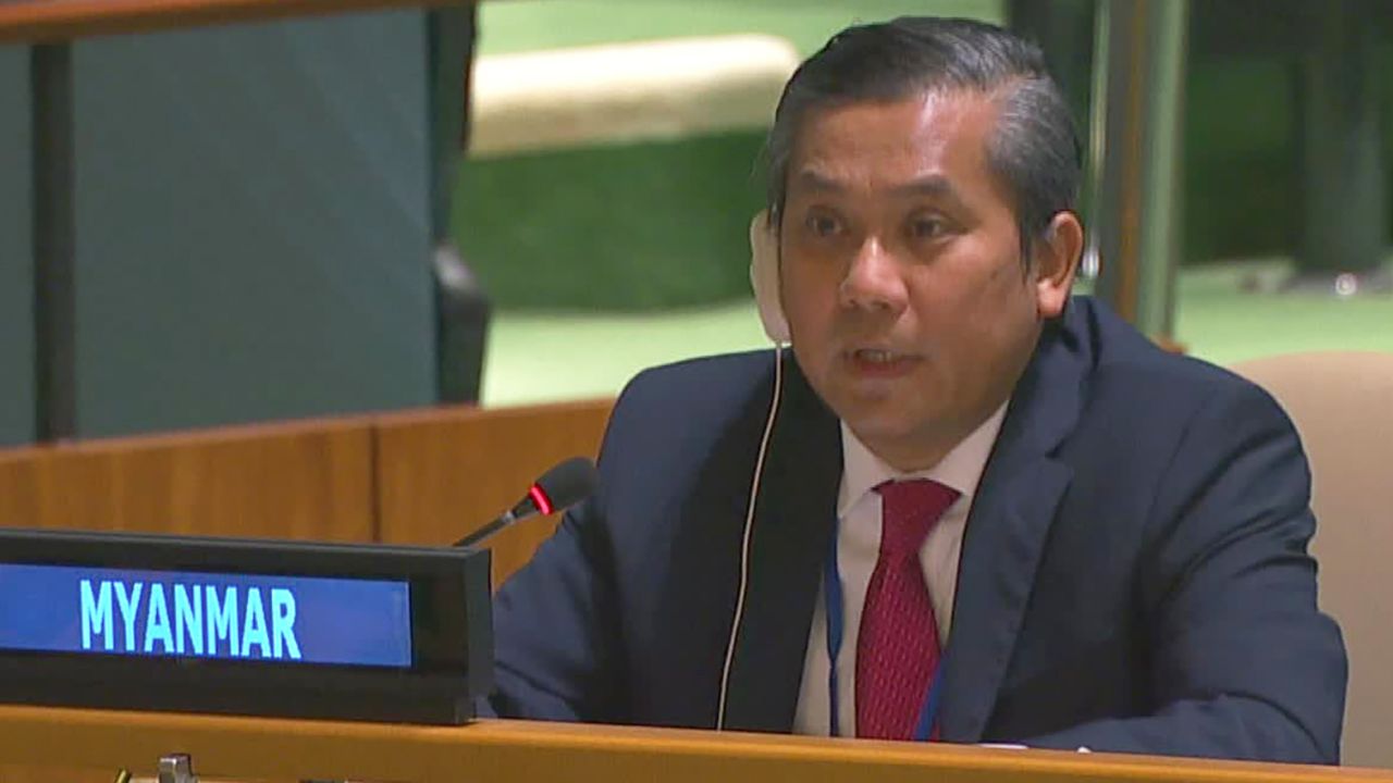 Myanmar's UN Ambassador Kyaw Moe Tun speaks inside the General Assembly on February 26. 
