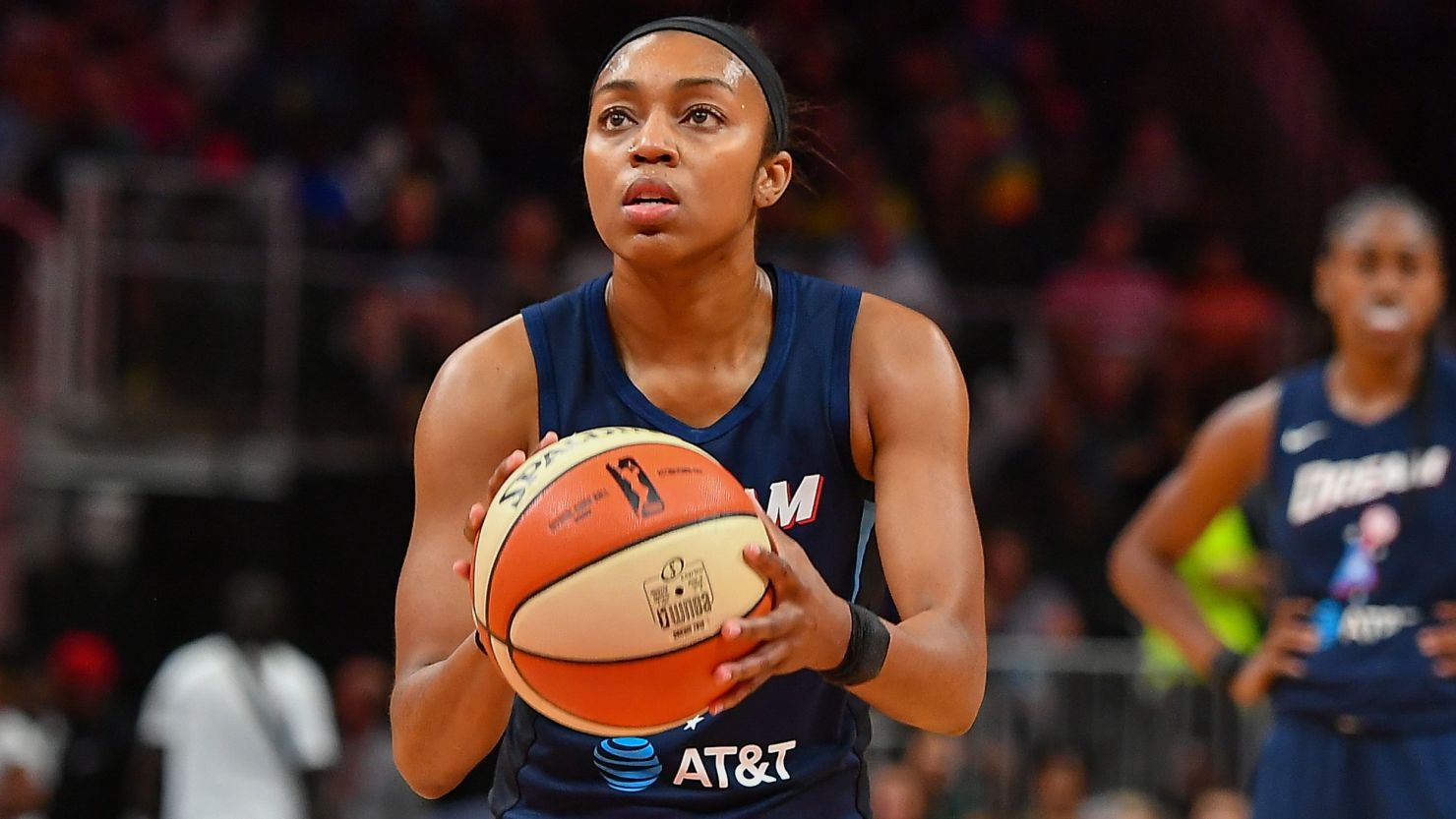 Former WNBA player Renee Montgomery shoots a free throw during a game between the Los Angeles Sparks and the Atlanta Dream, on July 23, 2019.