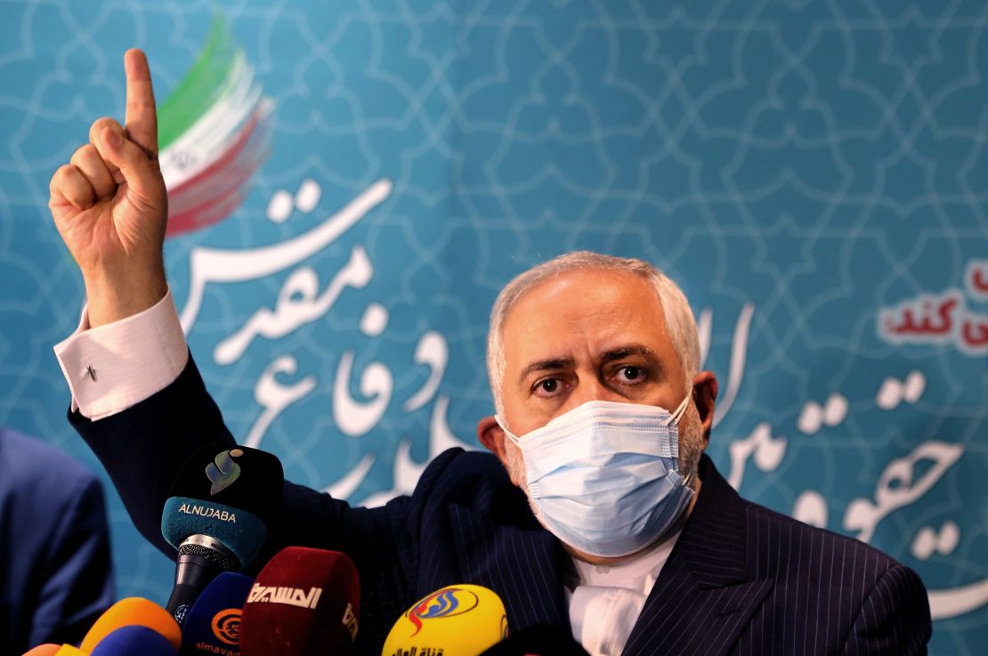 Iranian Foreign Minister Mohammad Javad Zarif speaks during a press conference at the International Conference on the Legal-International Claims of the Holy Defense in the capital Tehran on February 23, 2021.