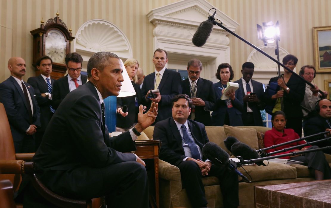 President Barack Obama talks with reporters after a meeting with Ebola Response Coordinator Ron Klain on October 22, 2014 in Washington, DC. 