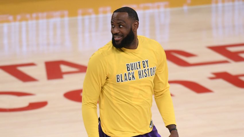 LOS ANGELES, CALIFORNIA - FEBRUARY 26:  LeBron James #23 of the Los Angeles Lakers smiles as he warms up before the game against the Portland Trail Blazers at Staples Center on February 26, 2021 in Los Angeles, California. (Photo by Harry How/Getty Images)  NOTE TO USER: User expressly acknowledges and agrees that, by downloading and/or using this Photograph, user is consenting to the terms and conditions of the Getty Images License Agreement. Mandatory Copyright Notice: Copyright 2021 NBAE.