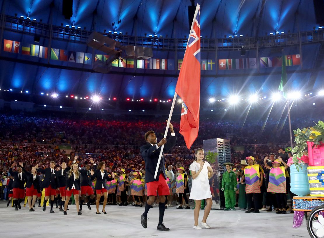 Tyrone Smith carries the flag for Bermuda during the opening ceremony of the Rio 2016 Olympics.