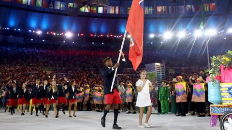 Tyrone Smith carries the flag for Bermuda during the opening ceremony of the Rio 2016 Olympics.