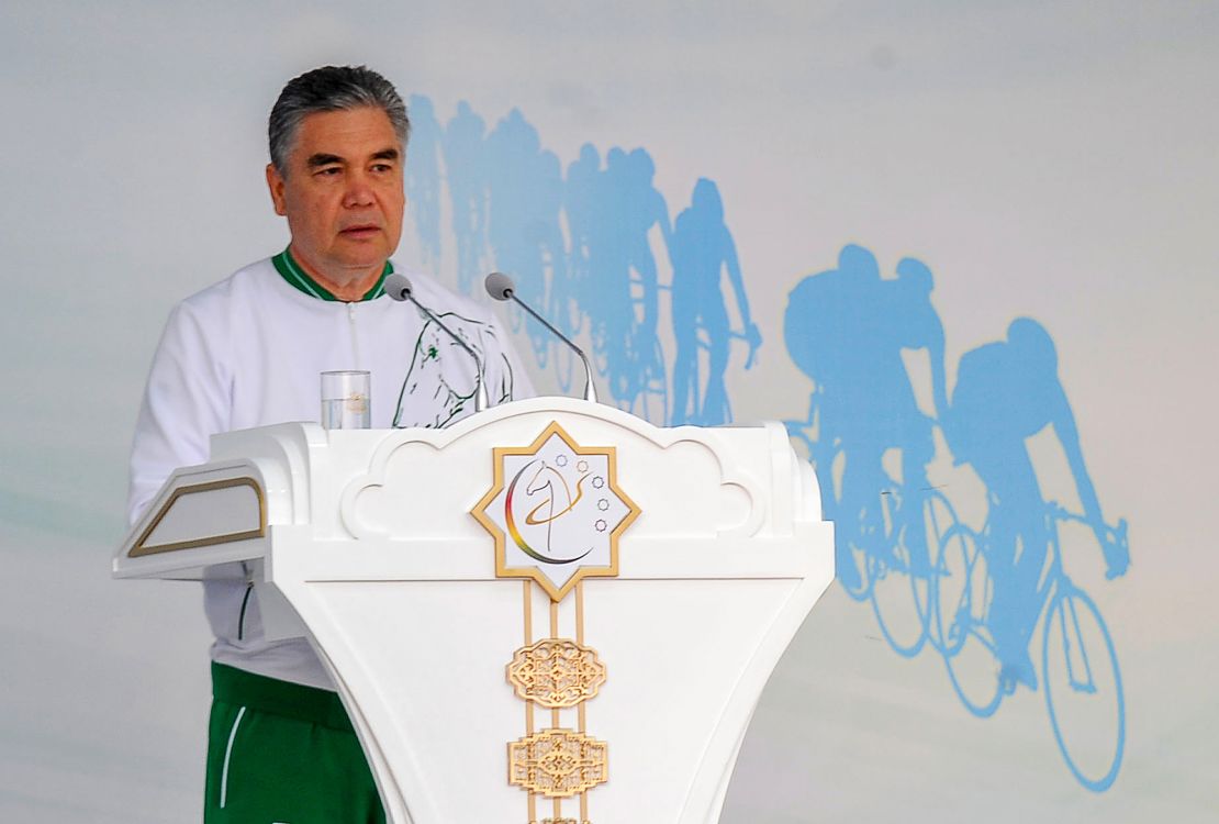Turkmenistan's President Gurbanguly Berdymukhamedov delivers a speech on stage as he attends World Bicycle Day in Ashgabat on June 3, 2020.