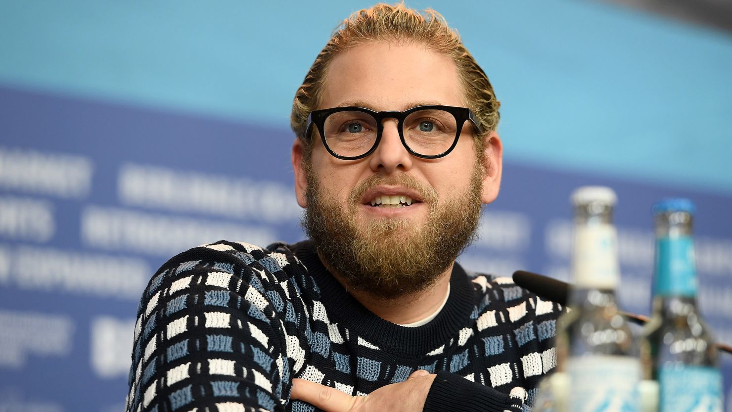 Jonah Hill attends a news conference at the Grand Hyatt Hotel during the  the Berlinale International Film Festival in February  2019 in Berlin.