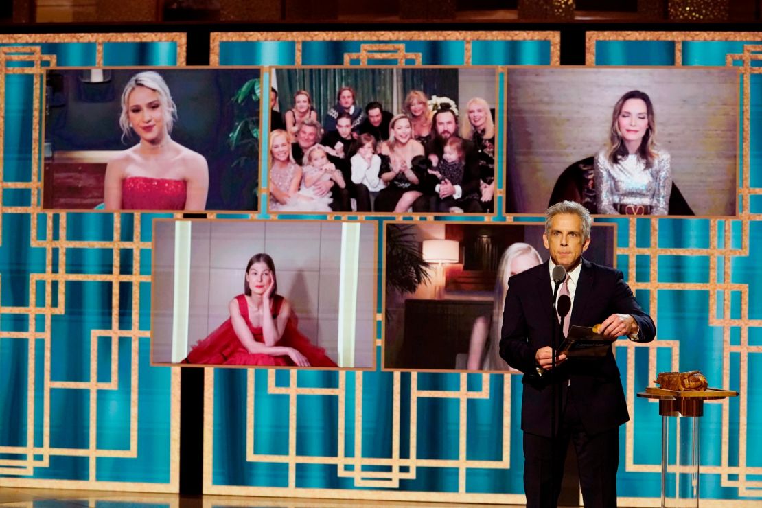 Ben Stiller presents the award for best actress - motion picture - musical/comedy onstage at the 78th Annual Golden Globe Awards held at The Rainbow Room and broadcast on February 28, 2021 in New York, New York. Nominee Kate Hudson (center, top) is seen with her family. 
