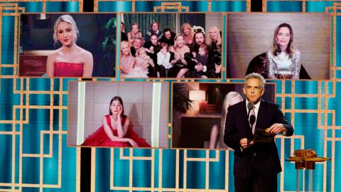 Ben Stiller presents the award for best actress - motion picture - musical/comedy onstage at the 78th Annual Golden Globe Awards held at The Rainbow Room and broadcast on February 28, 2021 in New York, New York. Nominee Kate Hudson (center, top) is seen with her family.