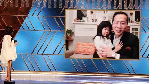 Gal Gadot presents the best picture - foreign language award for 'Minari' via video to Lee Isaac Chung onstage at the 78th Annual Golden Globe Awards held at The Beverly Hilton and broadcast on February 28, 2021 in Beverly Hills, California.