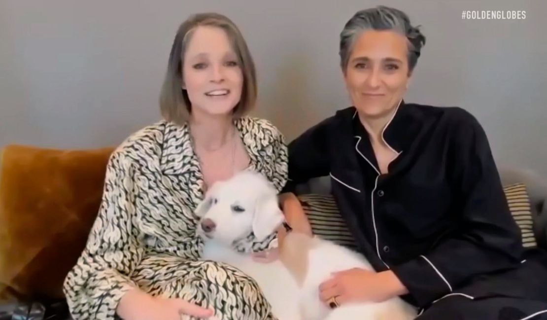 Jodie Foster, who won for best actress in a supporting role for "The Mauritanian," celebrated with dog, Ziggy, and her wife, Alexandra Hedison. -- (Photo by NBC/NBCU Photo Bank via Getty Images)