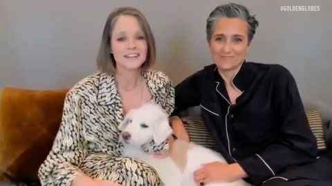 Jodie Foster, who won for best actress in a supporting role for "The Mauritanian," celebrated with dog, Ziggy, and her wife, Alexandra Hedison. -- (Photo by NBC/NBCU Photo Bank via Getty Images)
